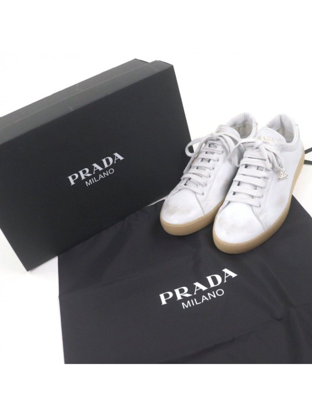 Prada Triangle Logo Distressed Low Cut Sneakers Leather Shoes White 7.5 - Picture 2 of 9
